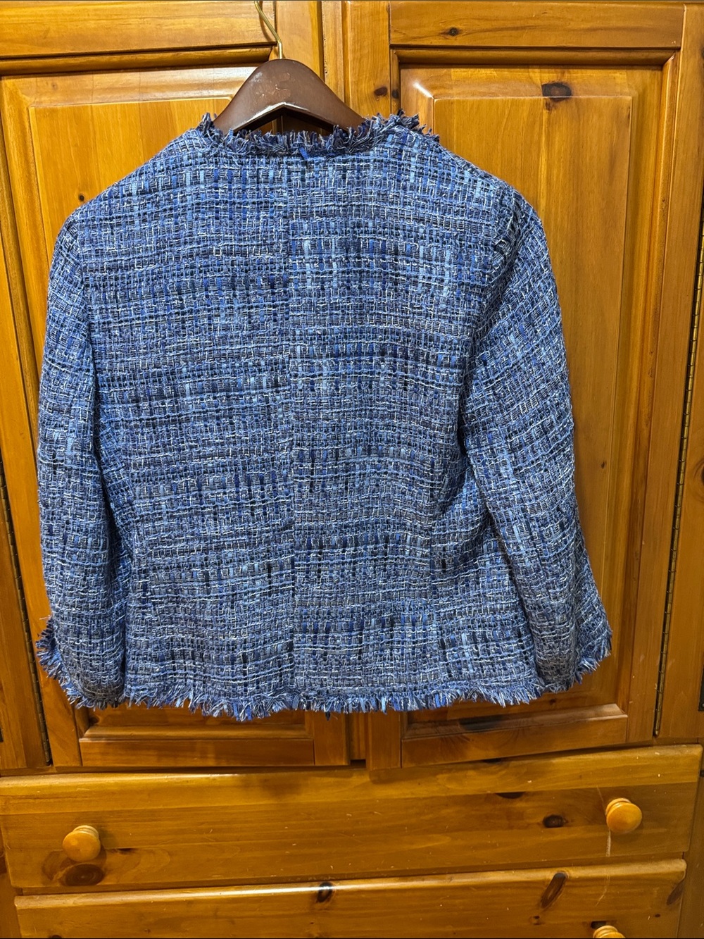 Anne Klein Blue Tweed Fringe Blazer - Picture 7 of 8